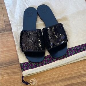 Tory Burch Black “FLIPPY” Sequin Slide Sandals